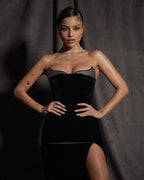 Strapless Velvet Gown with Satin Train H6210