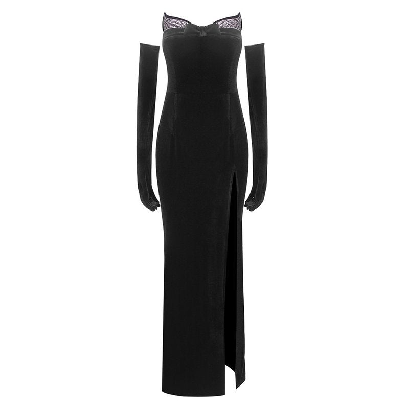 Strapless Velvet Gown with Satin Train H6210
