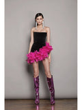 Strapless Velvet Mini Dress with Pink Feather Trim H6245