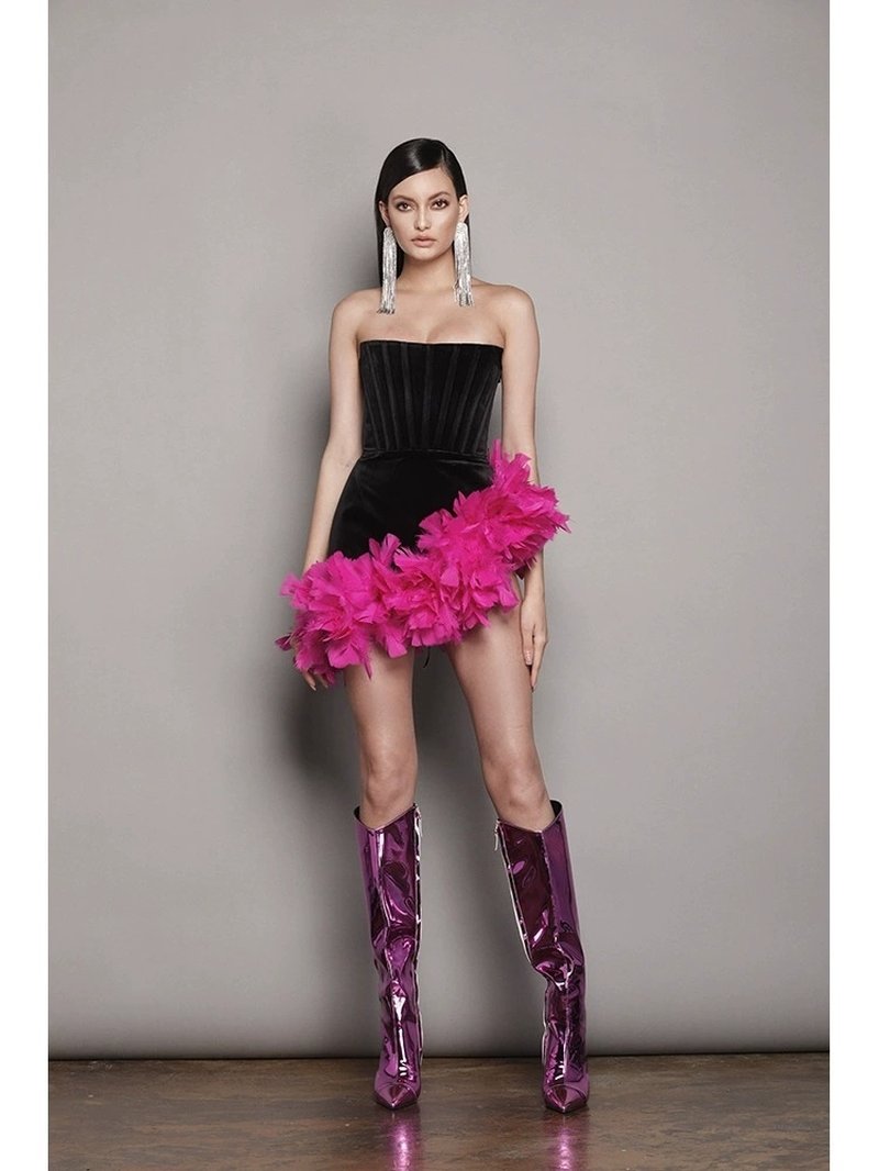Strapless Velvet Mini Dress with Pink Feather Trim H6245