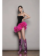 Strapless Velvet Mini Dress with Pink Feather Trim H6245