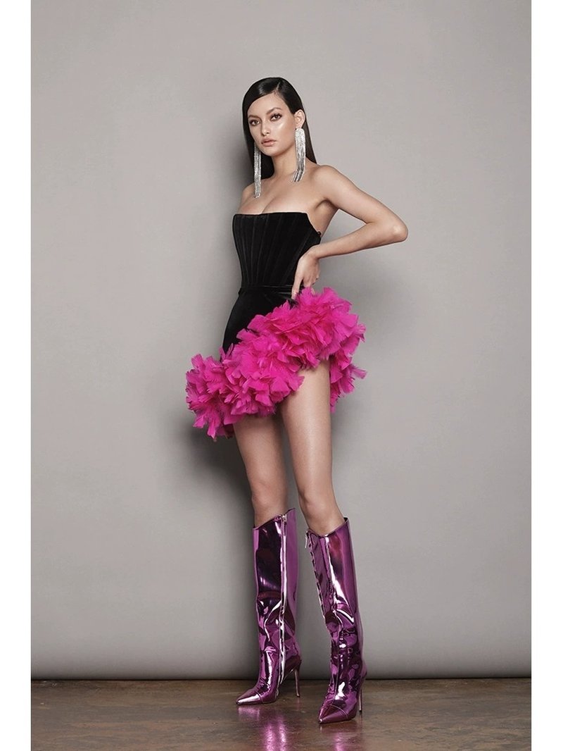 Strapless Velvet Mini Dress with Pink Feather Trim H6245