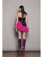 Strapless Velvet Mini Dress with Pink Feather Trim H6245
