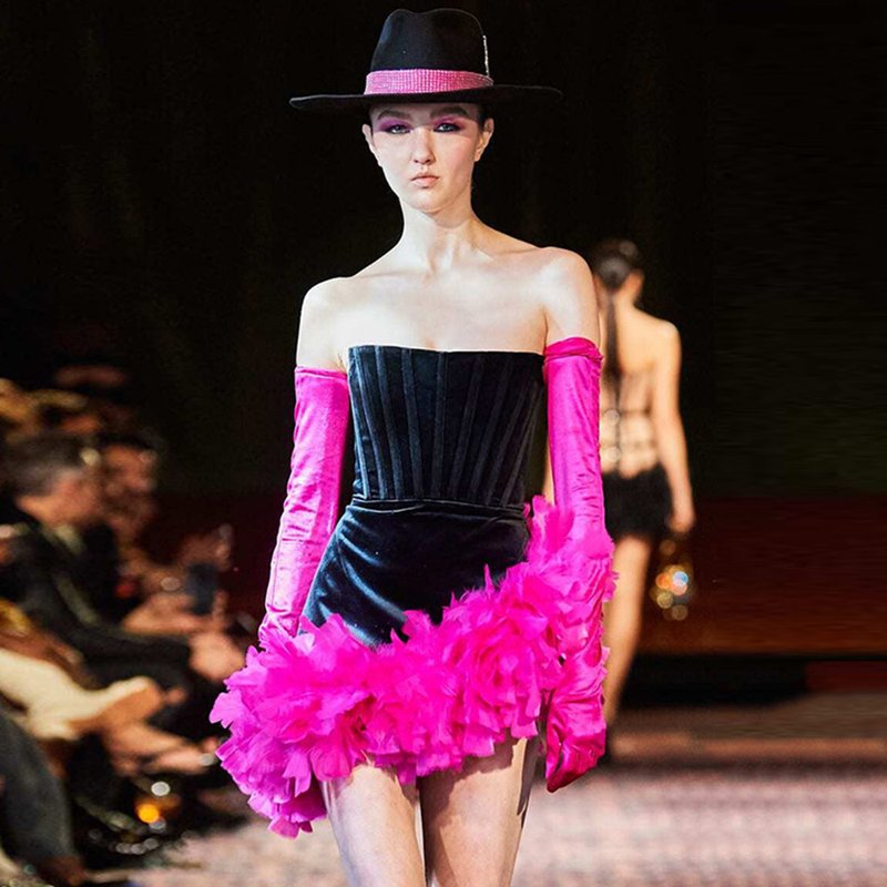 Strapless Velvet Mini Dress with Pink Feather Trim H6245