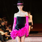 Strapless Velvet Mini Dress with Pink Feather Trim H6245