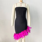 Strapless Velvet Mini Dress with Pink Feather Trim H6245