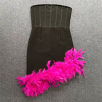 Strapless Velvet Mini Dress with Pink Feather Trim H6245