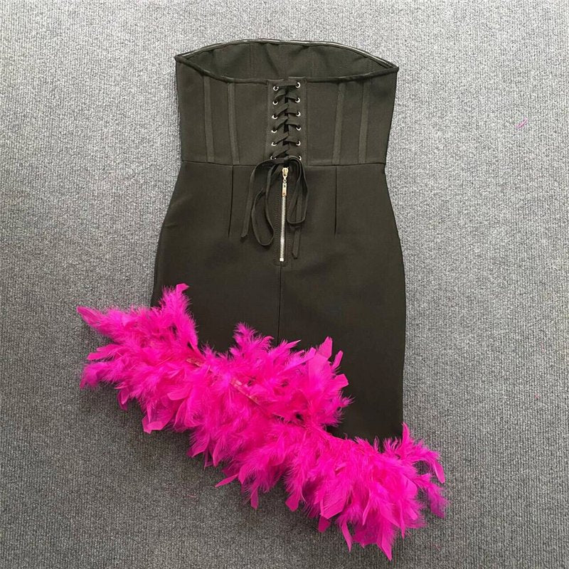 Strapless Velvet Mini Dress with Pink Feather Trim H6245