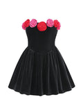 Strapless Velvet Rose Embellished Dress H6201