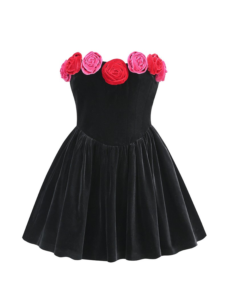 Strapless Velvet Rose Embellished Dress H6201