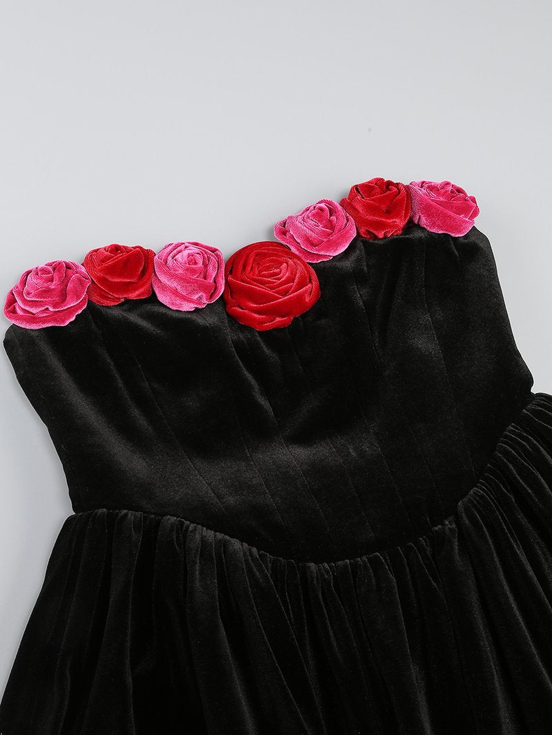 Strapless Velvet Rose Embellished Dress H6201