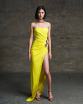 Strapless Yellow Draped Gown with Floral Accent H6340
