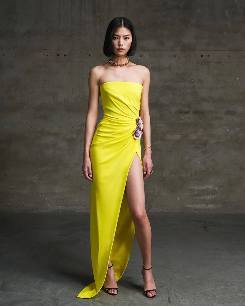Strapless Yellow Draped Gown with Floral Accent H6340