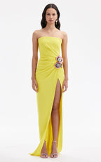 Strapless Yellow Draped Gown with Floral Accent H6340