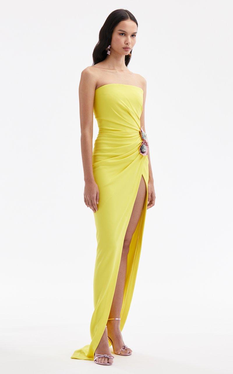 Strapless Yellow Draped Gown with Floral Accent H6340