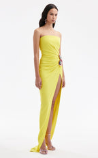 Strapless Yellow Draped Gown with Floral Accent H6340