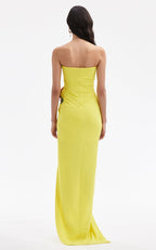 Strapless Yellow Draped Gown with Floral Accent H6340