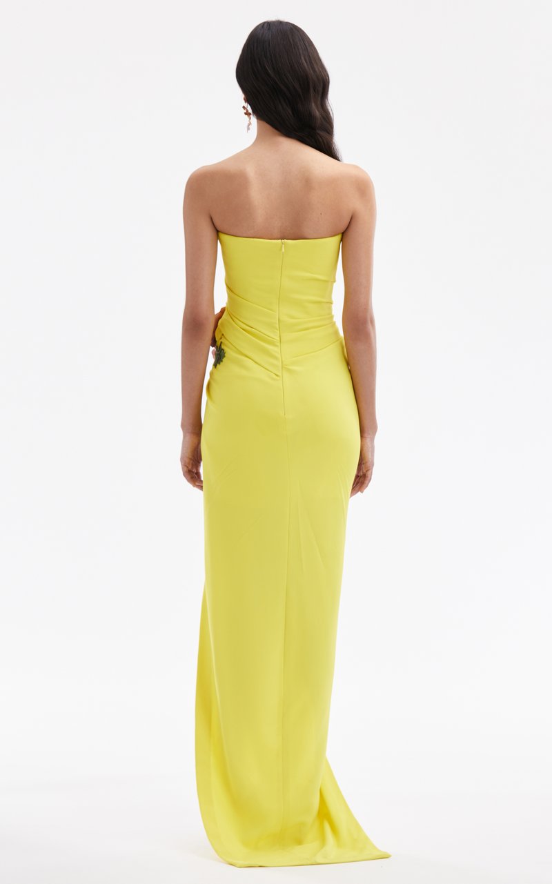 Strapless Yellow Draped Gown with Floral Accent H6340