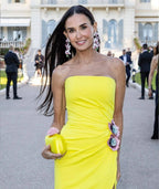Strapless Yellow Draped Gown with Floral Accent H6340