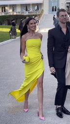 Strapless Yellow Draped Gown with Floral Accent H6340