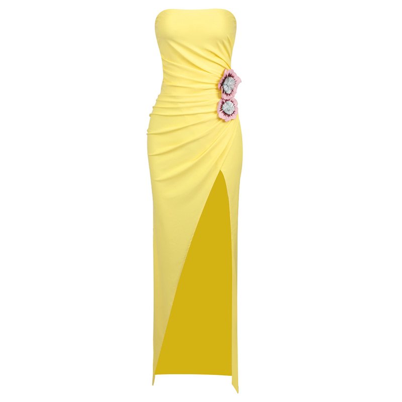 Strapless Yellow Draped Gown with Floral Accent H6340