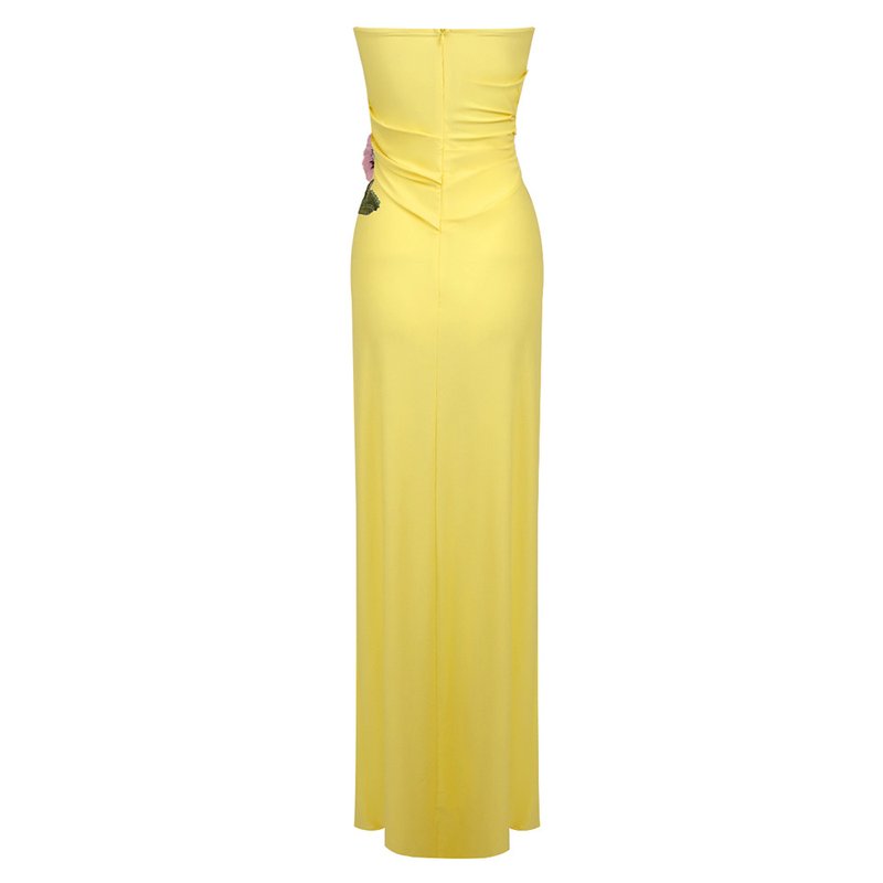 Strapless Yellow Draped Gown with Floral Accent H6340