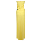 Strapless Yellow Draped Gown with Floral Accent H6340