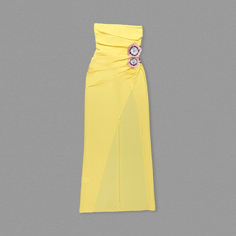 Strapless Yellow Draped Gown with Floral Accent H6340