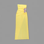 Strapless Yellow Draped Gown with Floral Accent H6340