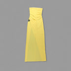 Strapless Yellow Draped Gown with Floral Accent H6340
