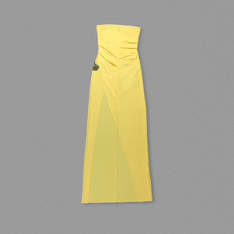 Strapless Yellow Draped Gown with Floral Accent H6340