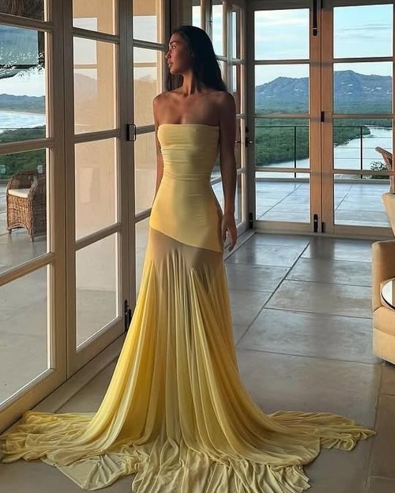 Strapless Yellow Satin Mermaid Gown H6846