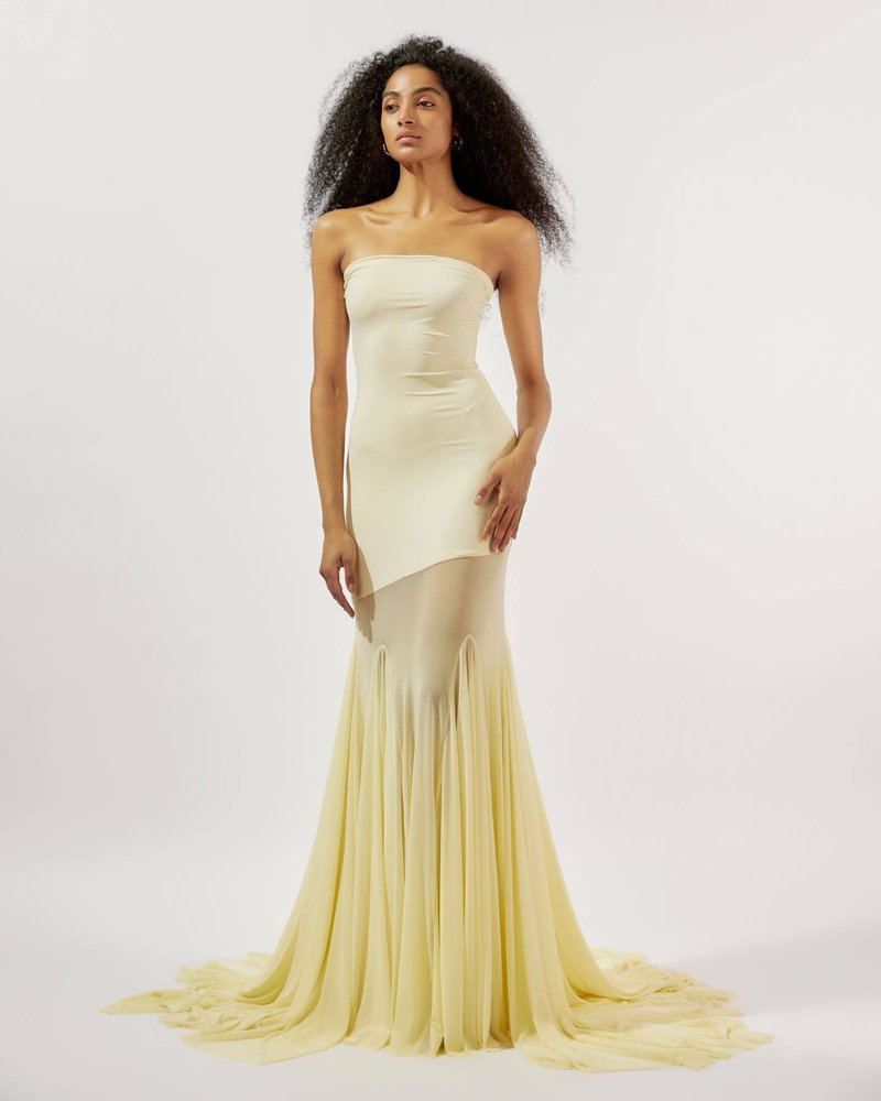 Strapless Yellow Satin Mermaid Gown H6846