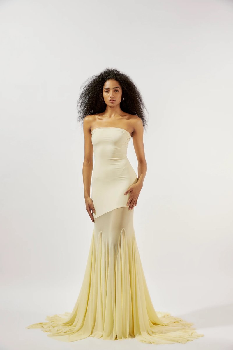 Strapless Yellow Satin Mermaid Gown H6846