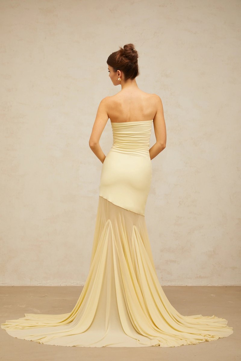 Strapless Yellow Satin Mermaid Gown H6846