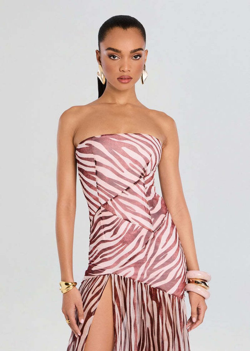 Strapless Zebra Print Asymmetrical Dress H6675