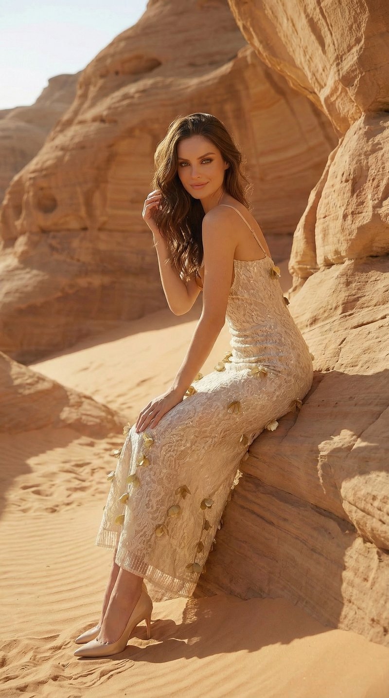Strappy Lace Midi Dress with Gold Accents H7076