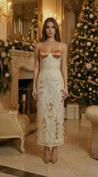 Strappy Lace Midi Dress with Gold Accents H7076