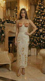 Strappy Lace Midi Dress with Gold Accents H7076