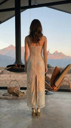 Strappy Lace Midi Dress with Gold Accents H7076