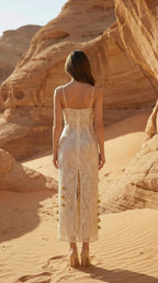 Strappy Lace Midi Dress with Gold Accents H7076
