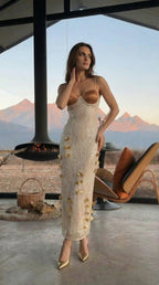 Strappy Lace Midi Dress with Gold Accents H7076