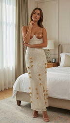 Strappy Lace Midi Dress with Gold Accents H7076