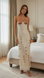 Strappy Lace Midi Dress with Gold Accents H7076