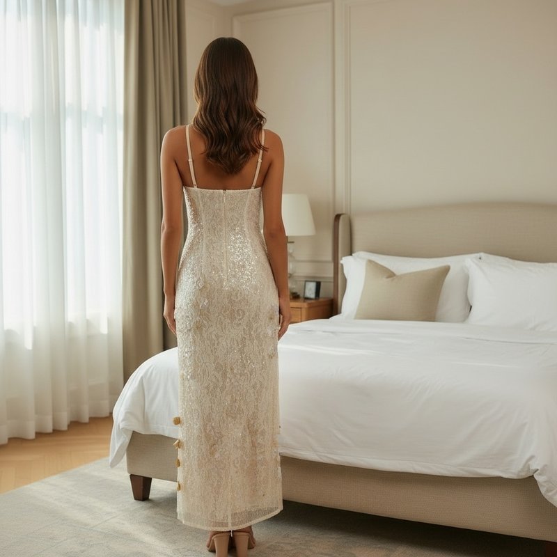 Strappy Lace Midi Dress with Gold Accents H7076