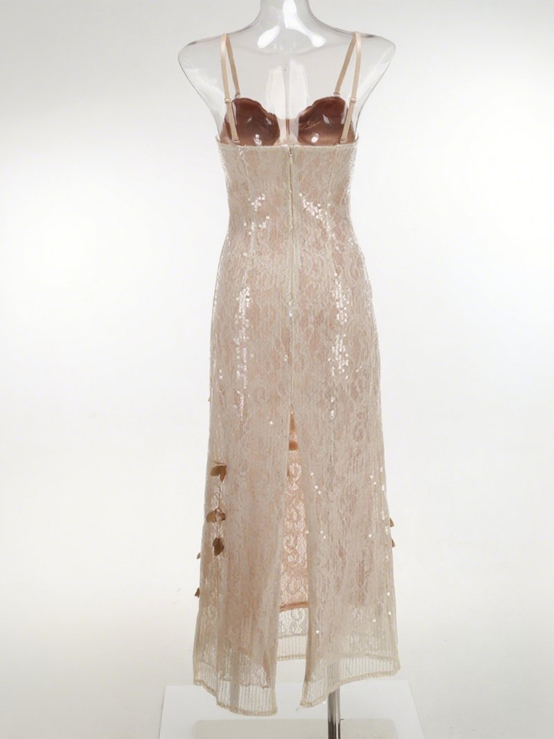 Strappy Lace Midi Dress with Gold Accents H7076