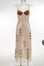 Strappy Lace Midi Dress with Gold Accents H7076