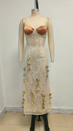 Strappy Lace Midi Dress with Gold Accents H7076