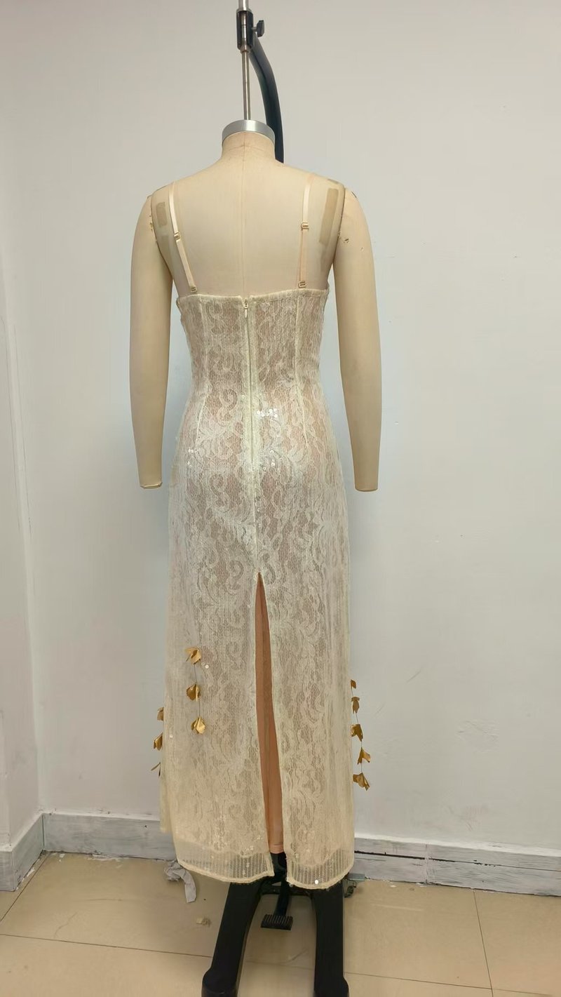 Strappy Lace Midi Dress with Gold Accents H7076