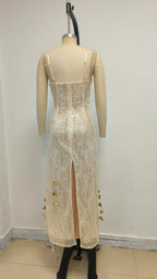 Strappy Lace Midi Dress with Gold Accents H7076